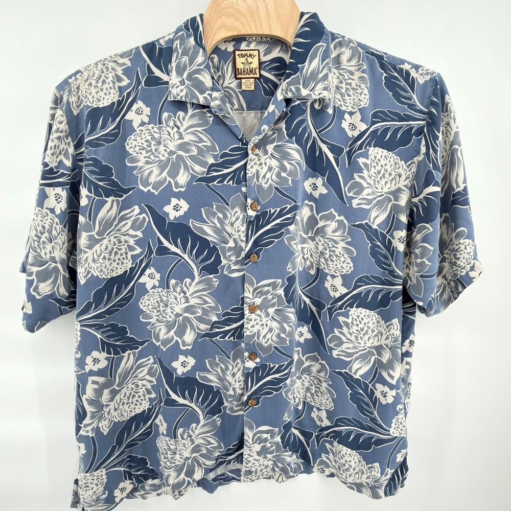 Tommy Bahama Button Down Shirt Mens XXL Blue Silk Floral Tropical Camp Short Slv